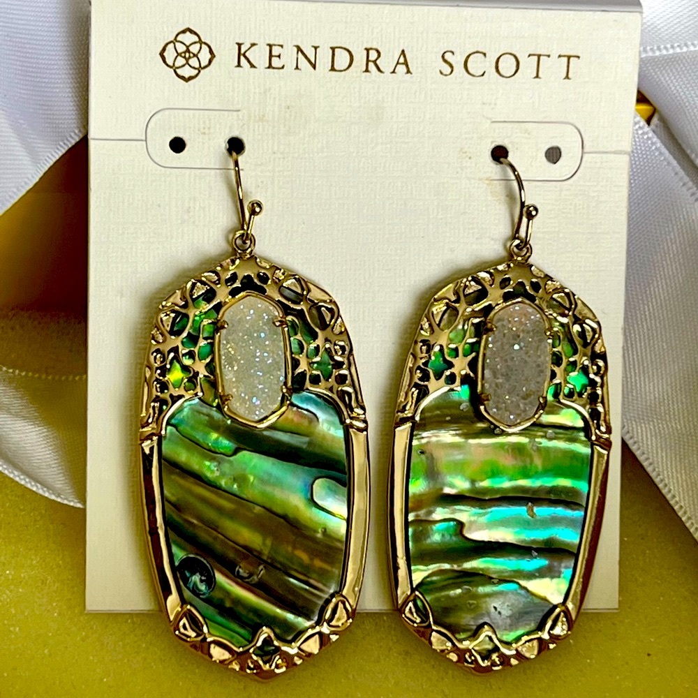 NWOT Rare & Retired Kendra Scott Deva Earrings Abalone Iridescent Drusy Yellow G